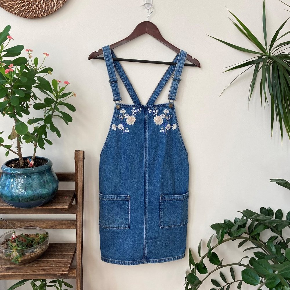 Vintage Blue Denim Pinafore Dress with White Floral Embroidery